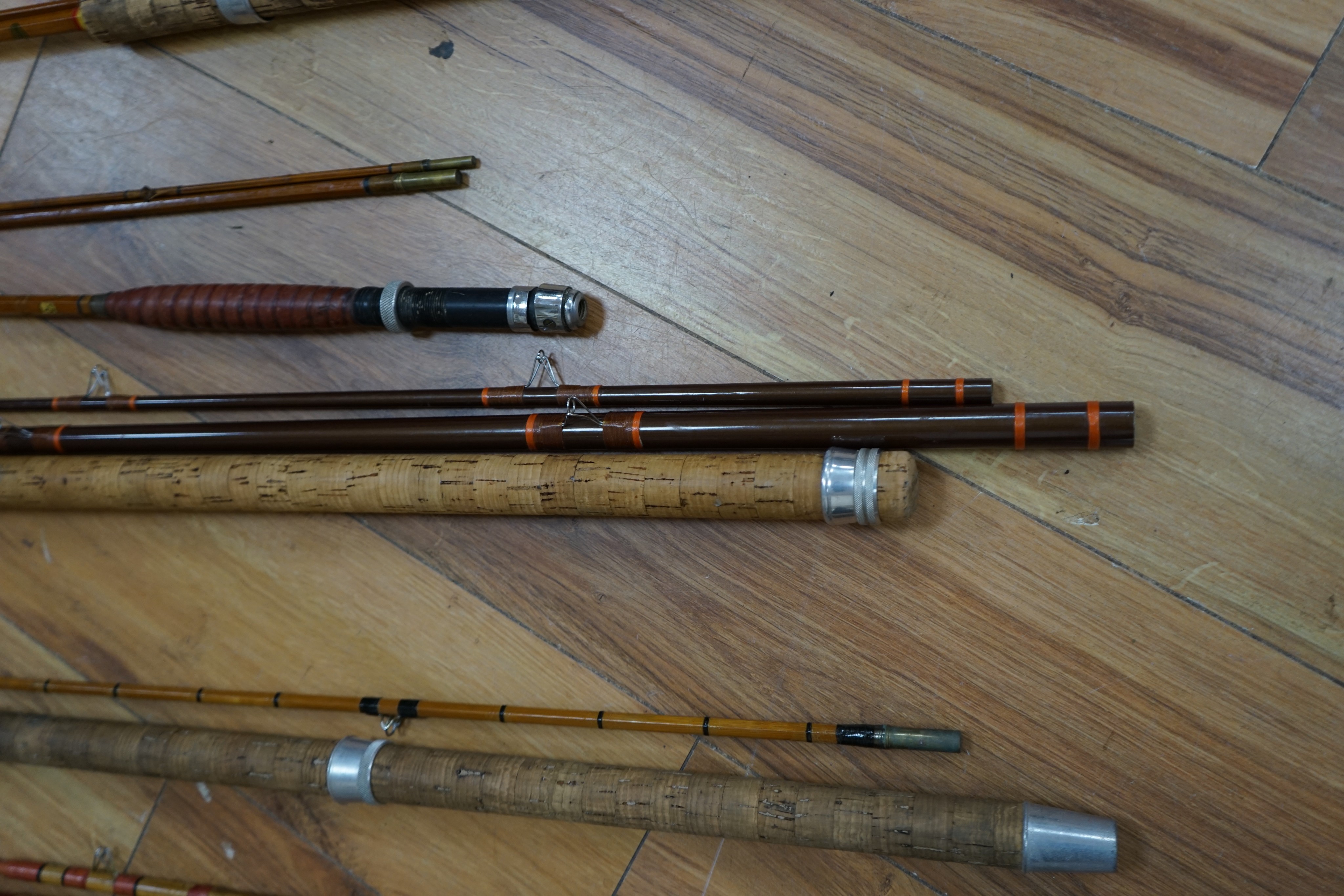A collection of mixed split cane fishing rods, Les Compton, Elasticane, Carton-James and another (4)